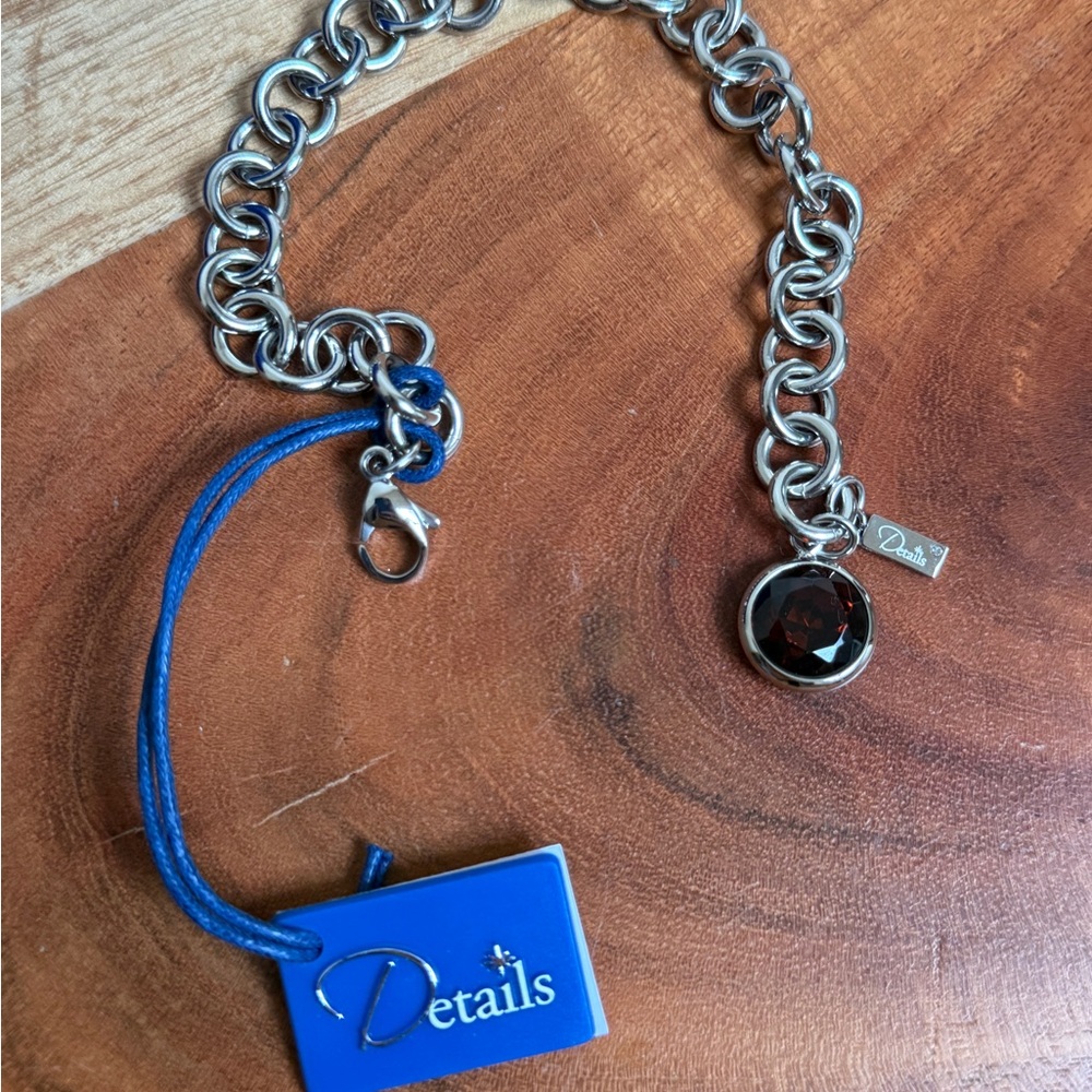 Details Stainless Steel Garnet Charm Link Bracelet Women’s 8 Inches